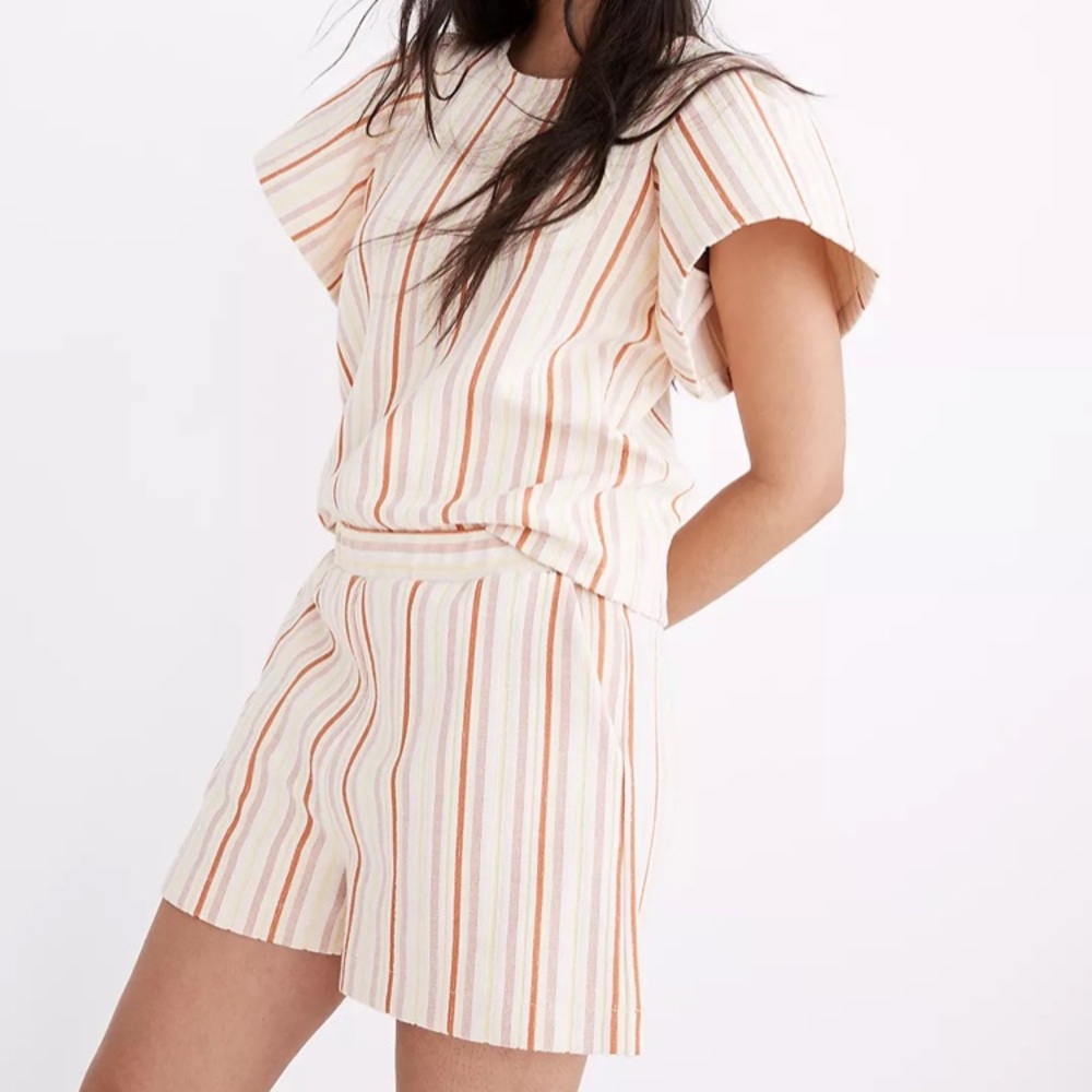 NWT MADEWELL Highwaist Textural Knit High-Rise Pleated Shorts in Stripe